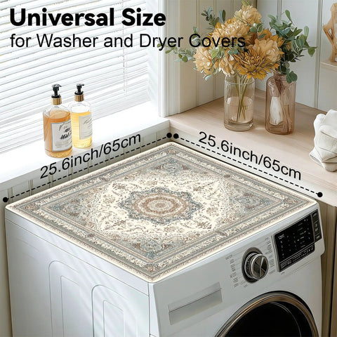 Two Pack Washer And Dryer Top Mats 25.6 By 25.6 Inches Non Slip Quick Dry Top Protectors in beige vintage Persian design on washer.