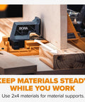 Pro Level Automatic Pocket Hole Jig Kit With Self Calibrating Drill Guide And Fifty Rustproof Screws in use for steady material support.