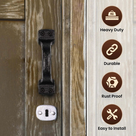 Heavy Duty Black Cast Iron Barn Door Handles 2 Pack For Shed And Garage Doors Includes Hardware And Pre Drilled Holes 6 1 4 Inches Tall Mounted