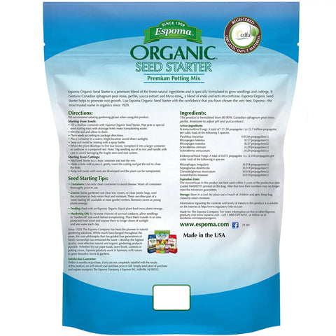 All Natural Organic Seed Starter Potting Soil Mix With Mycorrhizae For Seedlings And Cuttings, Premium 8 Qt Bag packaging