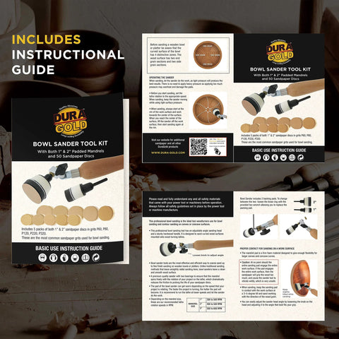 Front view of Dura-Gold Bowl Sander Tool Kit with wooden-handle sander, 1 in and 2 in pads, and 50 sanding discs