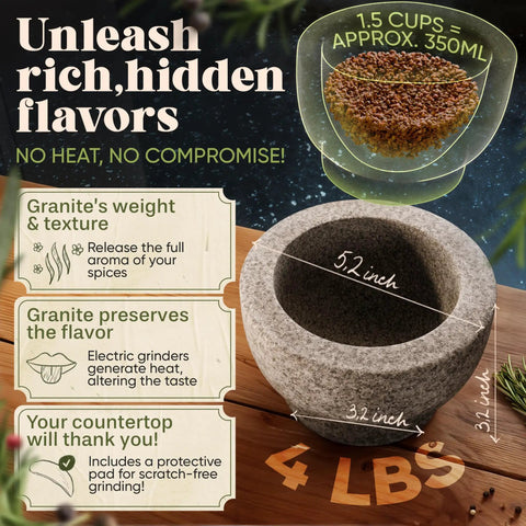 Unpolished Granite Mortar And Pestle Set One And A Half Cup Capacity Heavy Duty Stone Grinding Tool with measurements highlighted
