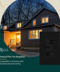 Kalide Dual Load Dimmer Light Switch For LEDs in black finish overlaid on a lit house exterior, neutral wire not required.