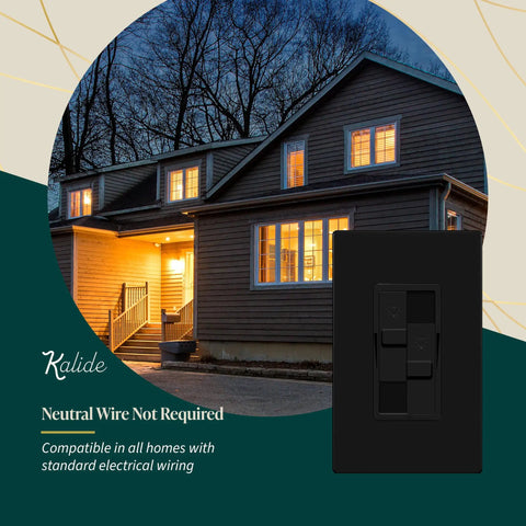 Kalide Dual Load Dimmer Light Switch For LEDs in black finish overlaid on a lit house exterior, neutral wire not required.