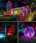 All In One Low Voltage Landscape Lighting Kit With 12 RGBW 3W LEDs, 60W Transformer in yard illuminating house and garden at night.