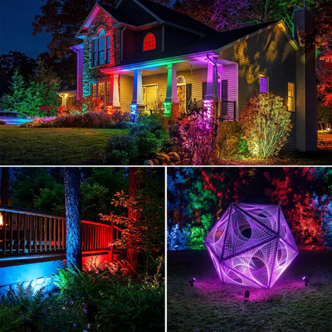 All In One Low Voltage Landscape Lighting Kit With 12 RGBW 3W LEDs, 60W Transformer in yard illuminating house and garden at night.