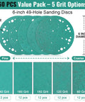 60 Pack 6 Inch Sanding Discs With 49 Hole Pattern, 80 120 150 180 240 Grit, 12 Of Each, Hook And Loop Film Sandpaper