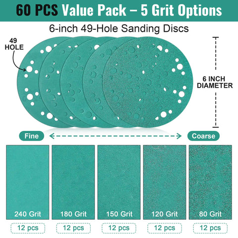 60 Pack 6 Inch Sanding Discs With 49 Hole Pattern, 80 120 150 180 240 Grit, 12 Of Each, Hook And Loop Film Sandpaper
