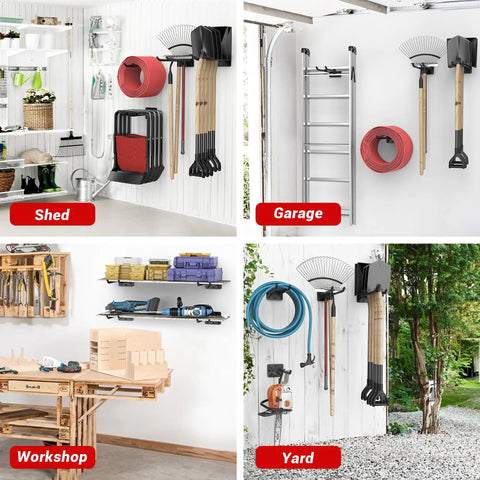 Heavyweight Garage Storage Hooks Built Like Tanks Featuring Scratch Resistant Rubber Sleeves For Rust Free Workshop Wall Tool Organization And Shop Rig Setup mounted with tools in a garage setting.