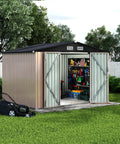 Tan 8x10 Ft Metal Outdoor Storage Shed With Sloped Roof, Lockable Door And Air Vents For Backyard, Patio, And Lawn