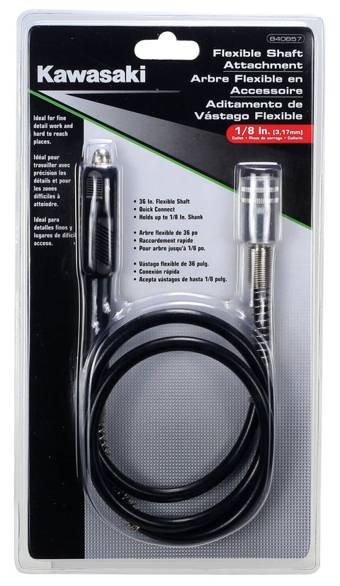 Heavy Duty Flexible Shaft Extension For Rotary Tools, 36 Inch Long Universal Adapter With One Eighth Inch Collet in packaging.
