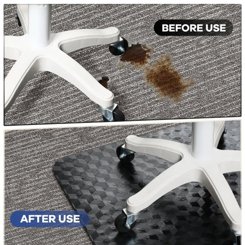 Before and after use of 48 By 30 Inch Chair Mat For Low Carpet Floors, Thick And Sturdy Carpet Protector For Rolling Office Chairs