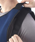 Adjustable shoulder strap on the Personal Series Ice Vest For Hot Weather Cooling, Lightweight Three Point Nine Pound Vest.