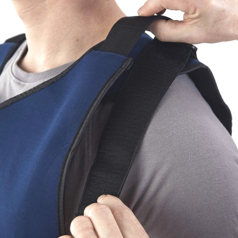 Adjustable shoulder strap on the Personal Series Ice Vest For Hot Weather Cooling, Lightweight Three Point Nine Pound Vest.