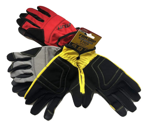 Rugged 3 Pair Utility Work Gloves Set For Heavy Duty Jobs Red Gray Yellow Comfort Fit And Strong Grip Hand Protection