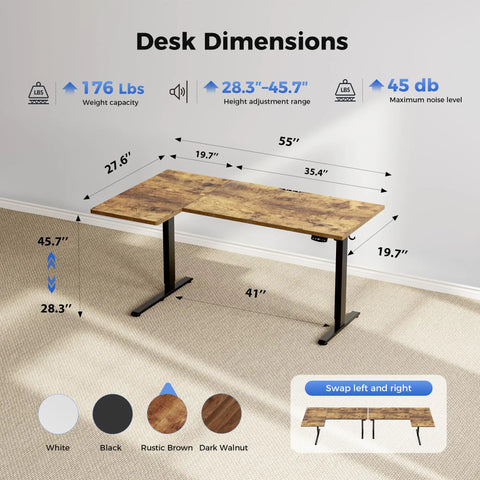 Desk dimensions for Brown 55x28 Inch Reversible L Shaped Electric Standing Desk With Height Adjustable Sit Stand Motorized Base.