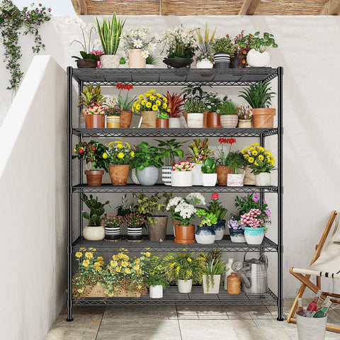 Rock Solid Heavy Duty 5 Tier Wire Shelving Rack 45 Inches Wide Adjustable Storage Organizer Carrying Up To 1000 Pounds Matte Black with plants