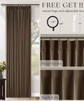 Pleated Linen Blackout Curtains 84 Inches Long 100 Percent Blackout For Bedroom And Living Room With Pinch Pleat Thermal Insulated Back Tab Ring Hooks Room Darkening Drapes In Light Brown With Liner shown with hardware.
