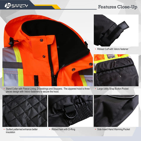 Hi Vis Winter Bomber Jacket With 10 Pockets Waterproof 3M Reflective For Men And Women Detachable Hood Secured Tablet Pocket Retractable ID Pocket Orange Black showing fleece-lined collar and secure fasteners