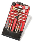 All In One Hammer And Punch Tool Kit With Interchangeable Steel Brass Nylon And Rubber Heads, compact case with tools displayed