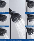 Matte Black High Pressure Shower System With Six Setting Rain Shower Head And Handheld Combo Including Pressure Balance Valve And Trim Kit