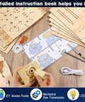 3D Wooden Globe Puzzle For Adults With Stand Illuminated Globe DIY Model Kit Built In LED Music And Starry Projector Epic STEM Gift For Adults And Teens Perfect Desk Display For Home Office Decor And A Fun Night Light That Sparks Curiosity And Travel. DIY wooden puzzle parts, instruction sheets, LED light