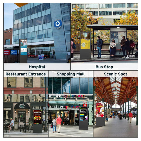 High Octane Outdoor Floor Standing Digital Signage Display in various locations like hospital, bus stop, restaurant entrance, shopping mall.