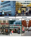 Hardcore 55 Inch Floor Standing Outdoor Digital Signage With Kickass 4500 Nits Brightness And Built Tough IP65 Waterproof Frame in various locations.