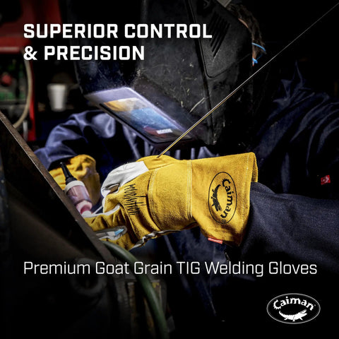Person welding wearing Workhorse Goat Grain Welding Gloves For TIG And Multi Tasking With Split Cowhide Back Four Inch Extended Cuff. "Superior control & precision" text and logo are also visible.