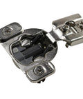 Close-up of a nickel finish hinge from Set Of 50 Concealed Face Frame Cabinet Hinges, One Half Inch Overlay, Soft Close, 105 Degree Opening.