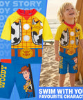 Two Piece Toy Story Boys Rash Guard And Swim Trunks Set With Woody And Buzz Lightyear Graphics displayed on sandy beach