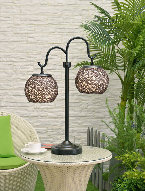 Castillo Outdoor Table Lamp In Oil Rubbed Bronze With Woven Rattan Shades, Rustic Two-Light 29 Inch Patio Lamp for outdoors