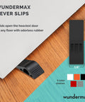 Heavy Duty Door Stopper Set Of 3 Rubber Wedges For Carpet, Hardwood, Concrete And Tile, Non Slip, shown under a wooden door