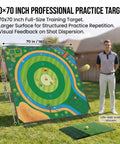 Man standing beside ultra large 70x70 inch golf chipping net for backyard practice with turf mat and ball setup