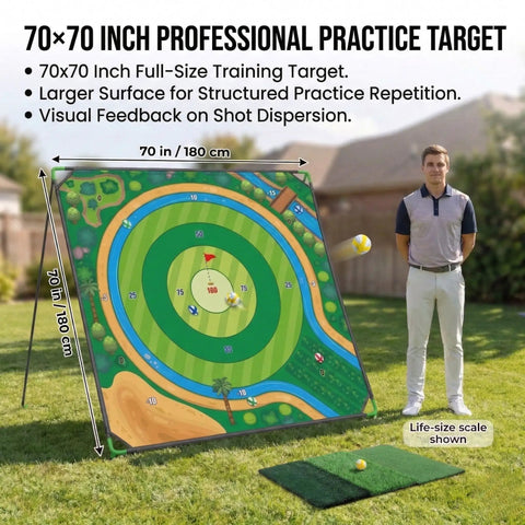 Man standing beside ultra large 70x70 inch golf chipping net for backyard practice with turf mat and ball setup