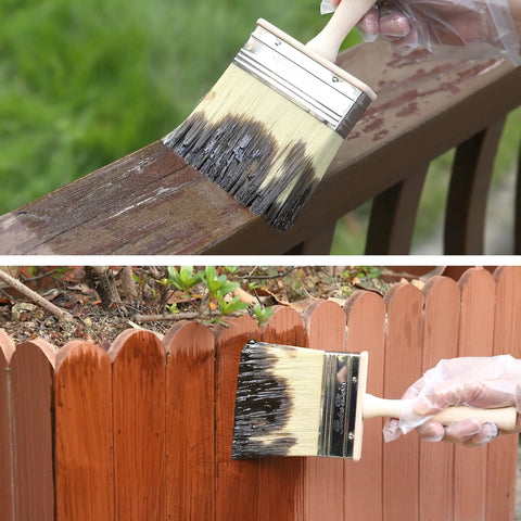 6 Inch Deck Stain Brush With Wooden Handle For Smooth Even Coverage On Wood Decks And Outdoor Surfaces in use on fence and railing