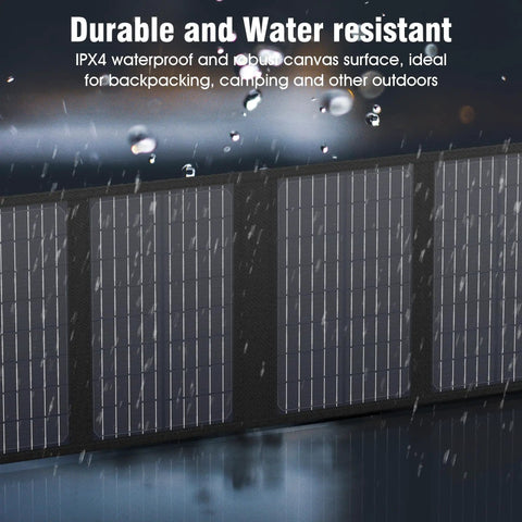 Close-up of 40W Foldable Solar Panel Charger for Power Stations and Camping Gear with water droplets showing durability and size