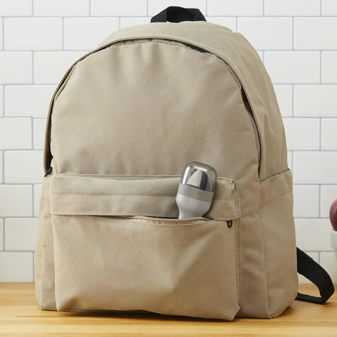 Pocket Utensil Set In Grey With 18/8 Stainless Steel Fork Knife And Spoon Nestled In A Compact Case in backpack pocket