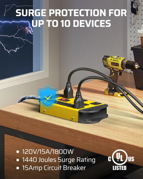 Beefed Up Eight Outlet Power Strip With Two USB Ports, 15 Feet Flat Plug Extension Cord on a workshop table with tools around.