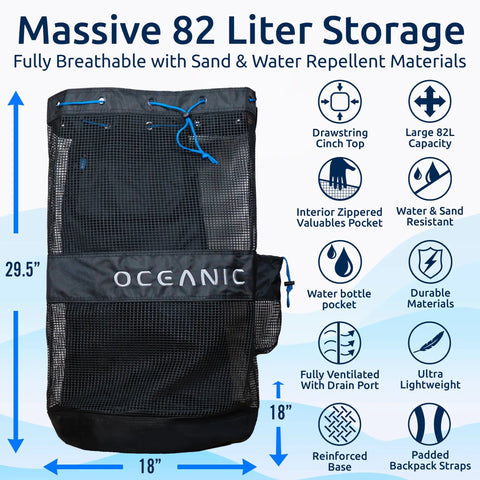 XL Mesh Dive Bag Backpack For Snorkel Gear Lightweight Quick Dry Bag with Padded Straps and Internal Pocket shown with features.