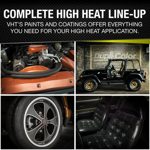 VHT SP731 brake caliper spray paint Real Red - collage: engine bay, Jeep Wrangler, alloy wheel, leather seats.