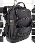 77 Pocket Electricians Tool Backpack With Hard Moulded Bottom And 65 Pcs Molle Loops Four Compartments Titanium Hook Waterproof Design For HVAC Construction And Field Techs A Gear Carrier For Tough Job Sites showing multiple features and sections.