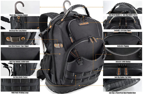 77 Pocket Electricians Tool Backpack With Hard Moulded Bottom And 65 Pcs Molle Loops Four Compartments Titanium Hook Waterproof Design For HVAC Construction And Field Techs A Gear Carrier For Tough Job Sites showing multiple features and sections.