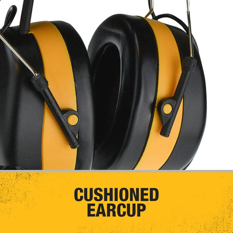 Close-up of cushioned earcup on Hearing Protection Earmuffs With AM FM Radio And LCD Display, 8 Presets, Aux Input, NRR 25dB