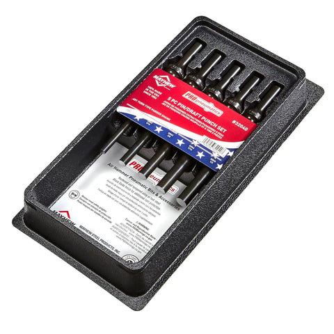 Five Piece Pneumatic Pin And Drift Punch Set In Black Oxide Finish With Quarter Inch, Five Sixteenths Inch, Three Eighths Inch, Seven Sixteenths Inch And Half Inch By Six Inch Punches, Hardened Tool Steel, Pro Grade Made In USA packaged in box
