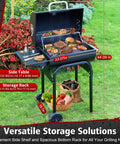 Barrel Charcoal Grill With Side Table, Premium Spacious Outdoor BBQ Cooker For Patio, backyard with tools and food items