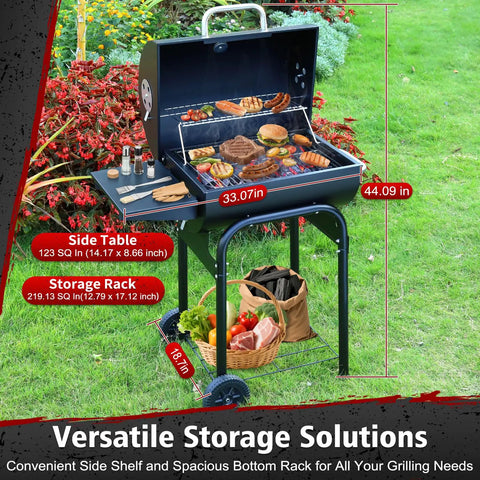 Barrel Charcoal Grill With Side Table, Premium Spacious Outdoor BBQ Cooker For Patio, backyard with tools and food items