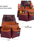 Leather Tool Belt For Men Heavy Duty Work Belt With 19 Pockets And 2 Pouches Double Hammer Holder close-up view