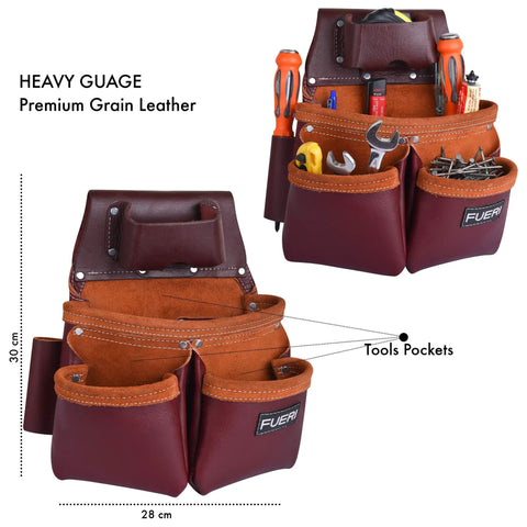 Leather Tool Belt For Men Heavy Duty Work Belt With 19 Pockets And 2 Pouches Double Hammer Holder close-up view