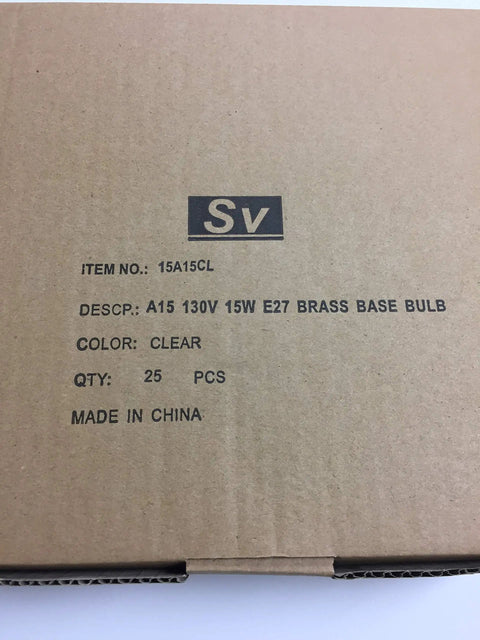 Box labeled A15 130V 15W E27 Brass Base Bulb for Outdoor Clear A15 Light Bulbs 15W 130V 25 Pack For Commercial String Lights